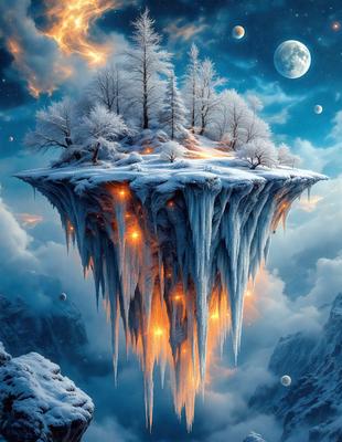 Primary subject: A snow-covered island with a tree in the middle.

Setting/background: The island is surrounded by a cloudy sky, and there are trees and a moon visible in the background.

Visual style: The image is a digital art piece.

Colors and mood: The scene is predominantly white due to the snow, and the overall atmosphere is serene and peaceful.